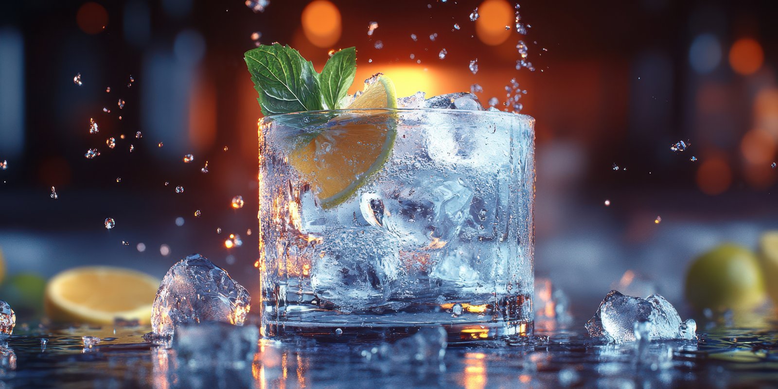 Refreshing cocktail with citrus and mint garnishes served on a bar during a summer evening gathering